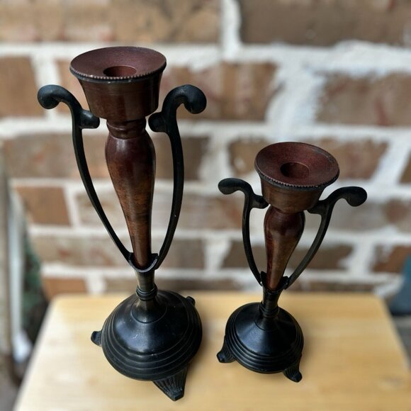 VTG Painted‎ Yellow Brass Metal Candle Holders MCM Tripod 15" & 11.5" Set Of 2 - Picture 1 of 12
